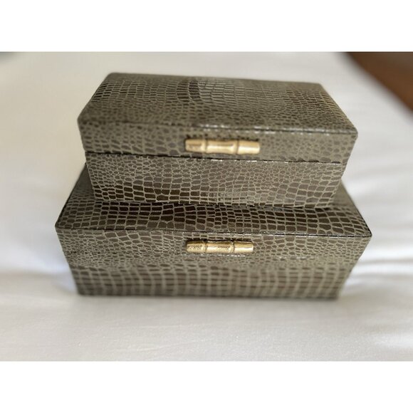 S/2 Vegan Crocodile Decorative Boxes Olive Green Jewelry Storage Lined Home NICE - Picture 12 of 16